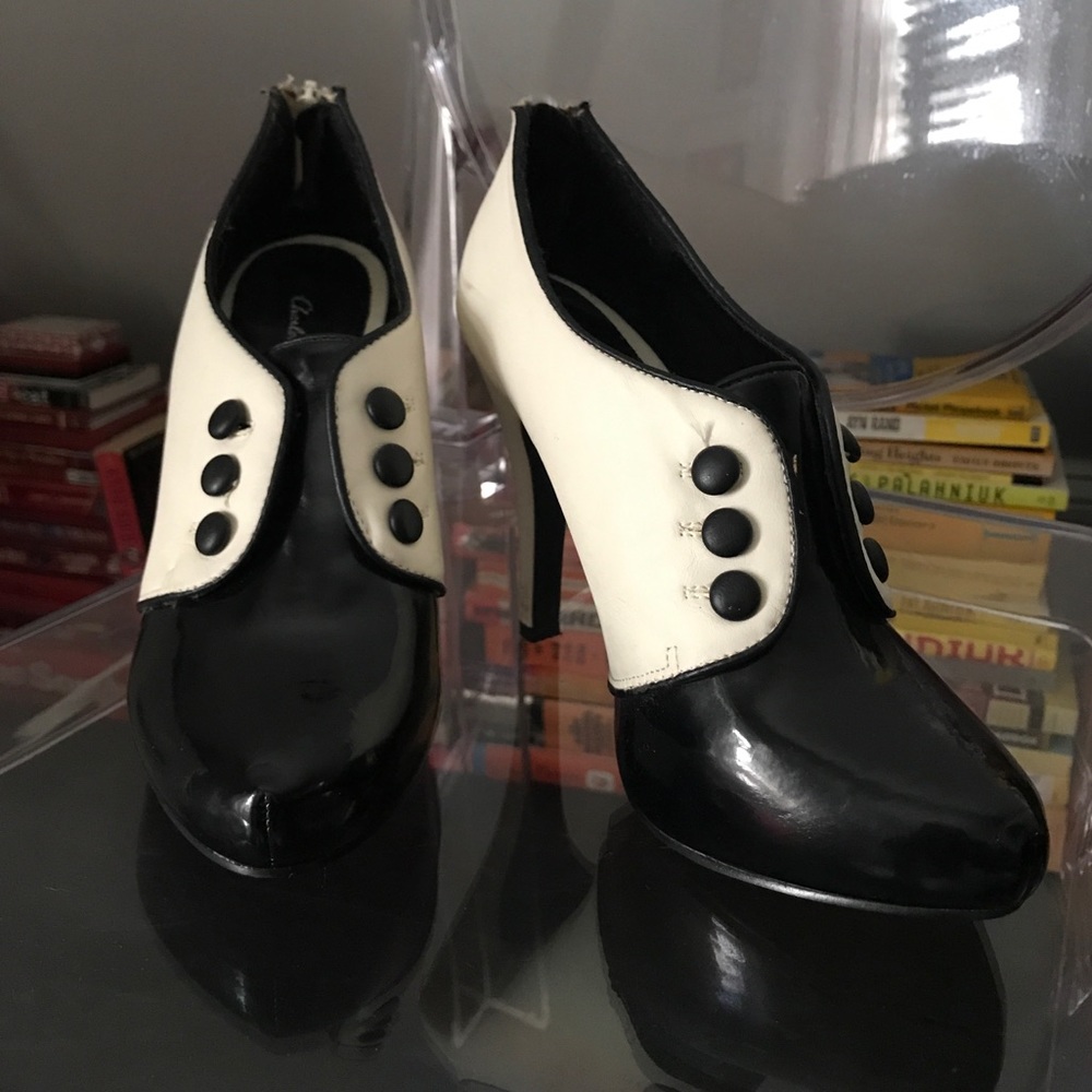 Black and cream tuxedo heels